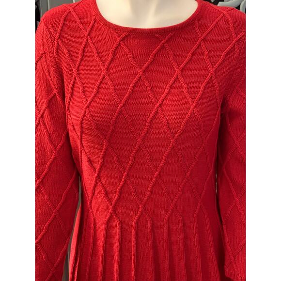 J Howard Red Sweater Dress-Fit and Flare Pleated-Holiday Diamond Pattern Knit-L - Picture 5 of 11